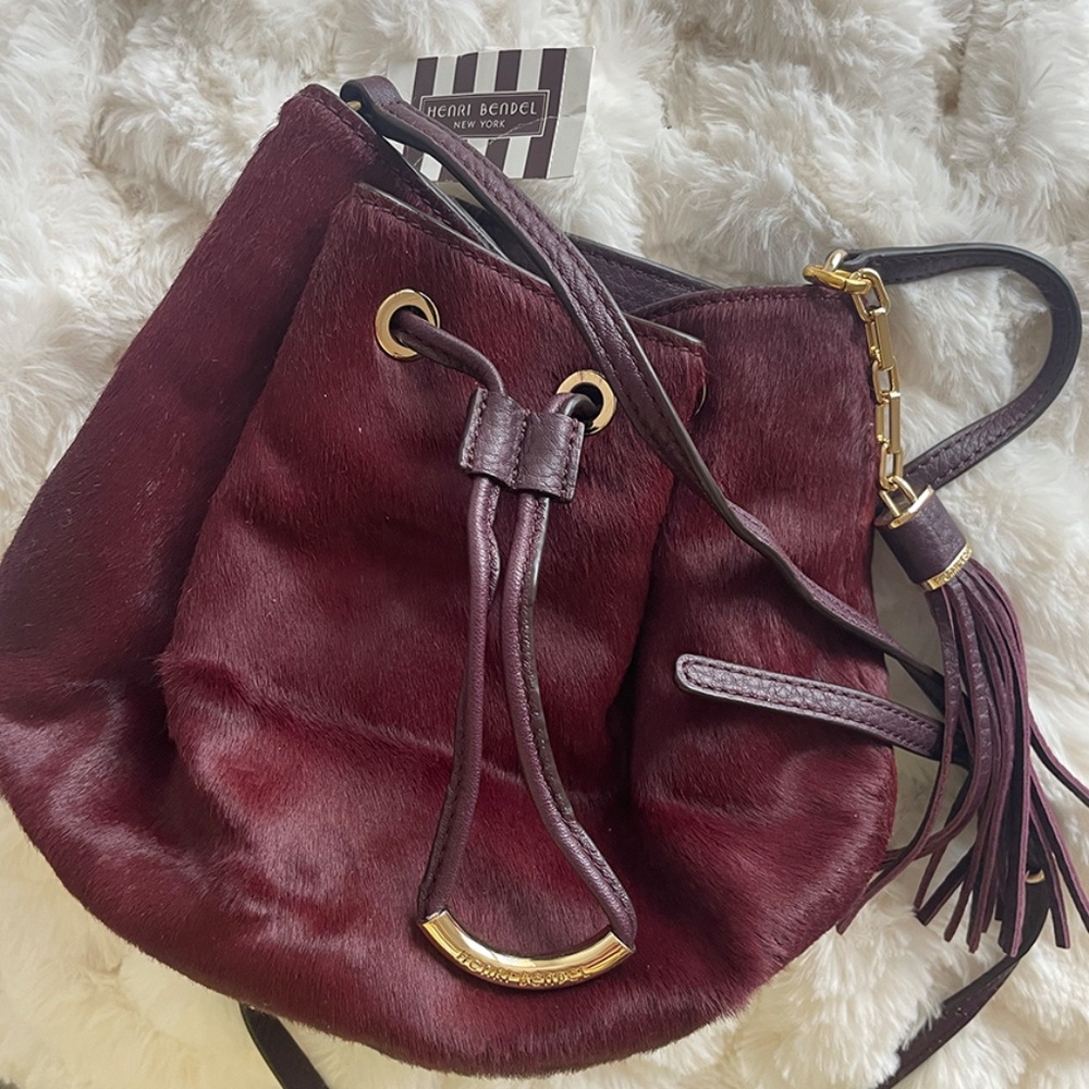 NWT Henri Bendel BURGUNDY calf hair drawstring bucket crossbody bag - Small